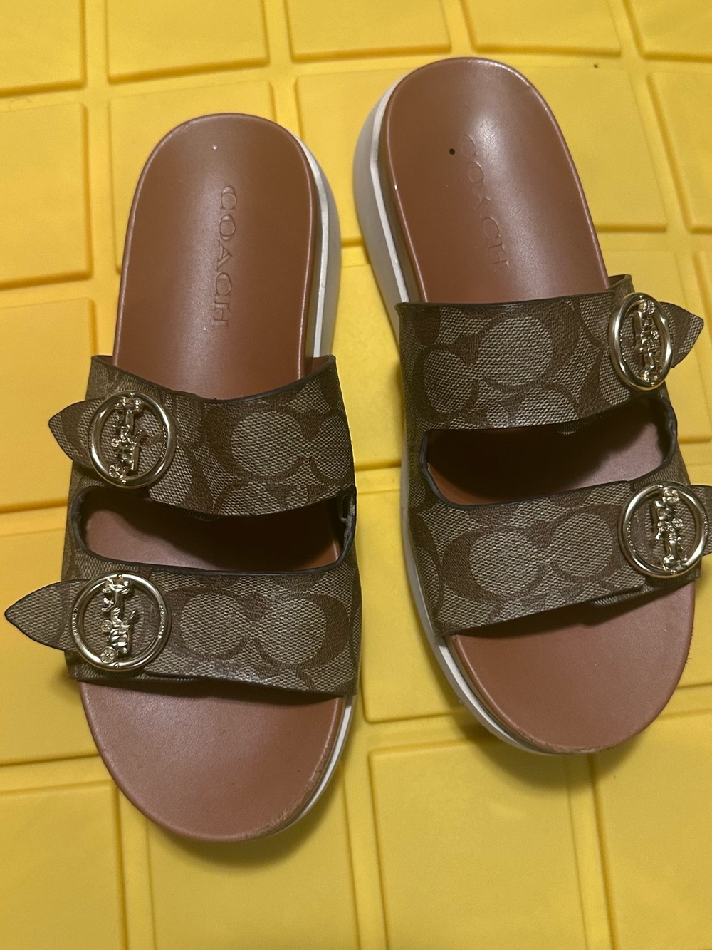 Coach Kids Brown Signature Double-Strap Slide Sandals with Silver Buckles - Picture 7 of 8